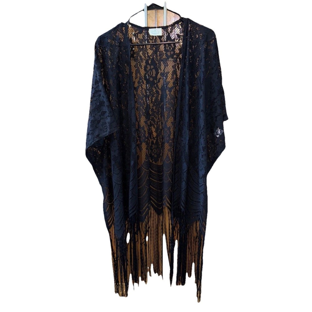 Ember Kimono L Open Cardigan Black Lace Floral Sheer Cover up Fringe Slits